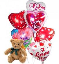 6 Heart Shaped Mylar Balloons and Teddy Bear 6 Heart Shaped Mylar Balloons and Teddy Bear